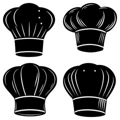 Four chef hats in black and white showing different styles and designs for culinary professionals attire
