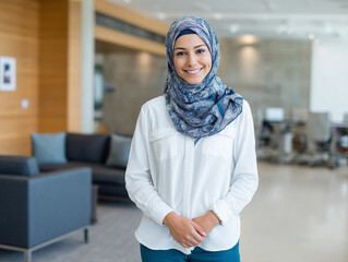 A smiling woman wearing a hijab in a modern office setting. Businesswoman Wearing Hijab in Contemporary Office. woman in hijab smiling and looking at camera, muslim office worker wearing hijab.