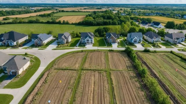 Aerial view showcases land development with new houses in a real estate neighborhood, showing construction site plots and future homes.
