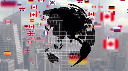 Grid-outlined globe fading in over hazy skyline flags orbiting, rotating showing global connections - Powered by Adobe