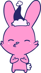 curious bunny hand drawn line drawing of a wearing santa hat in bright neon color