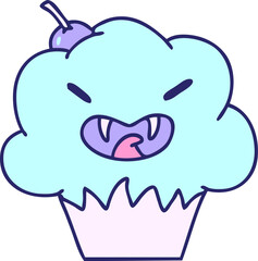 cartoon of a spooky halloween vampire muffin in bright neon color