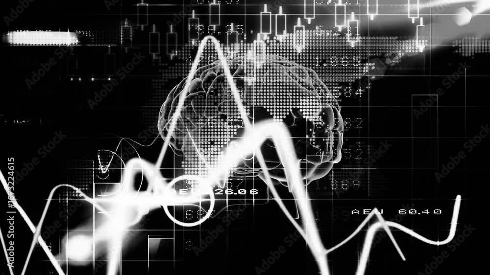 Poster 3d brain appearing waveform rising and peaking triggers chart updates rotating visualizing data