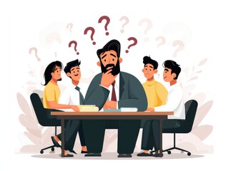 business leader making a decision at roundtable, flat design, clean vector illustration, minimal colors, white background