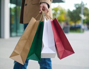 Una hombre con varias bolsas de distintos colores después de salir de realizar compras en un comercio. Lifestile, gastar, tienda