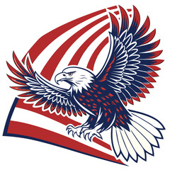 Obraz premium Vector illustration of a bald eagle clutching or flying with stylized U.S. flag wings bold outlines red, white and blue color palette patriotic and dynamic layout