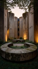 Brutalist Podium with rainbow light from glass prisms. Copy Space. Generative AI