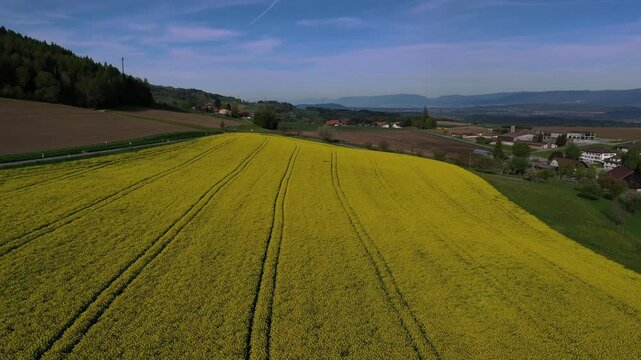 Aerial view of rural farmland and village, Switzerland.