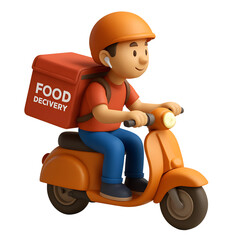 Food Delivery Guy on Scooter Delivering Food with Food Decivey Box Cartoonish 3D Render on Transparent Background Ready for Design