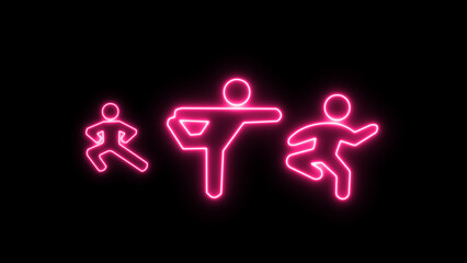 Glowing neon effect Yoga pose, meditation practice Health icon in flat, line set isolated on black background