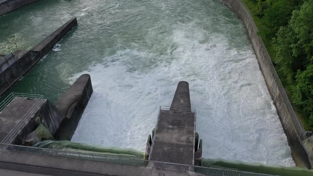 Aerial view of hydro power plant and dam, Switzerland.