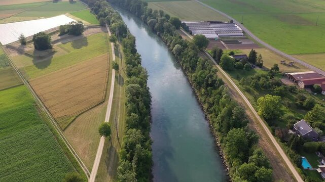 Aerial view of river Aare and hydro plant, Switzerland.