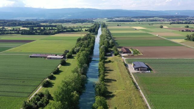 Aerial view of river Aare and farmland, Switzerland.