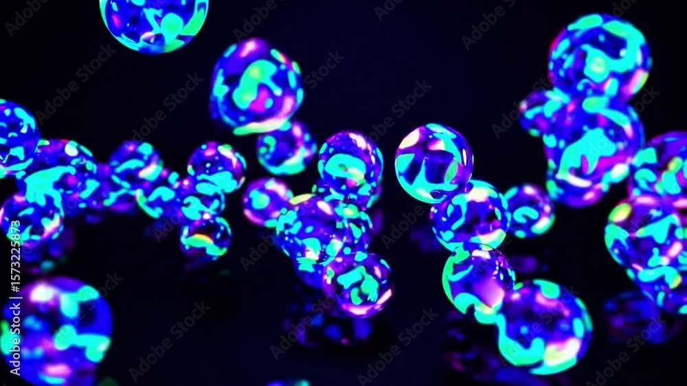 Poster colorful bubbles floating in darkness with bright light reflections creating a magical atmosphere