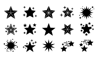 Stars icon collection. Different star shapes. Black stars icon set. Sparkle star icon set. Falling stars