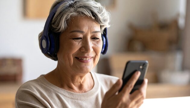 Senior woman listening to music on phone