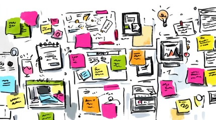 cloud-based whiteboard with sticky notes during virtual brainstorming