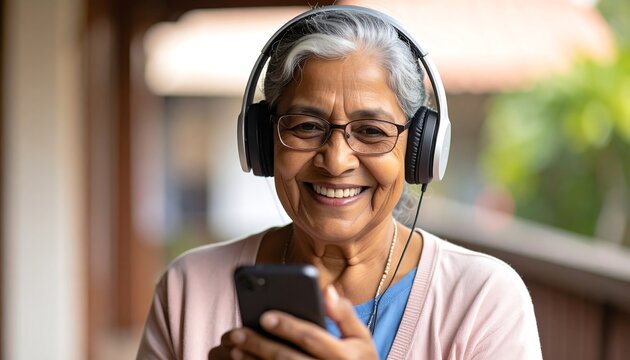Senior woman listening to music - Powered by Adobe