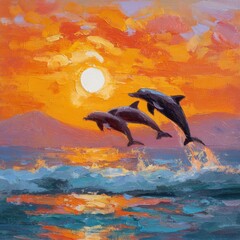 Dolphins leaping in front of a vivid ocean sunset