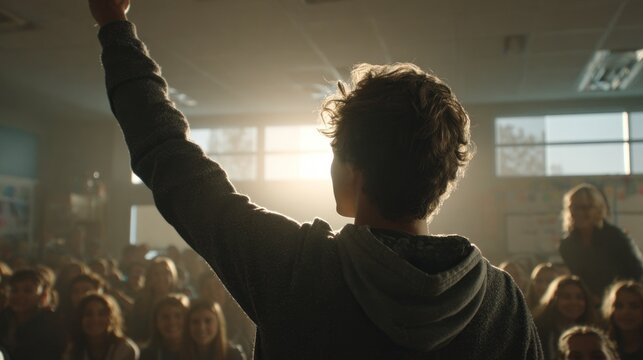 Teen raising hand in classroom