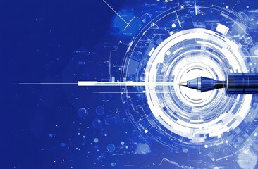 Pen pointing towards a circular data graphic on a dark blue background