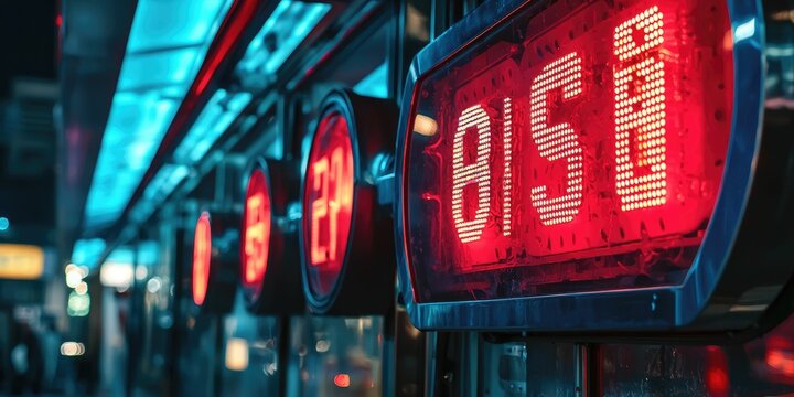 Electric signs flashing arrival times in neon