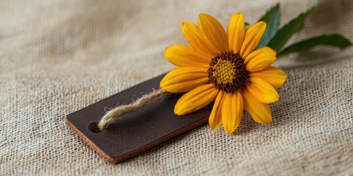 Elegant composition of a single yellow flower on a dark brown leather tag, resting on natural beige cloth