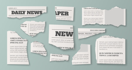 Torn newspaper fragments - daily news headlines, exclusive edition sections, business politics articles with ripped edges. Vintage paper scraps for media collages, journalism and retro design layouts.