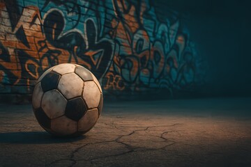 Urban soccer banner with worn ball on cracked asphalt, graffiti wall, cinematic orange-blue tones, gritty football concept with empty space for text or headlines