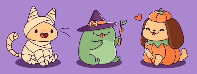 Kawaii Halloween character set - mummy cat with bandages, green frog wearing witch hat, cute puppy in pumpkin costume. Adorable spooky friends for October party decorations or greeting cards.