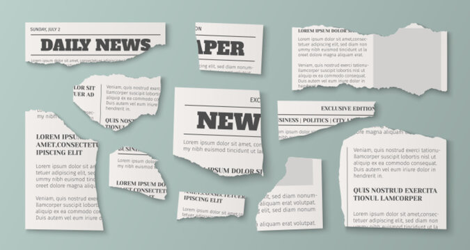 Torn newspaper fragments - daily news headlines, exclusive edition sections, business politics articles with ripped edges. Vintage paper scraps for media collages, journalism and retro design layouts.