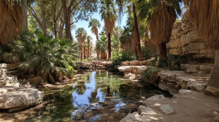 Fototapeta premium Tranquil oasis with palm trees and calm water