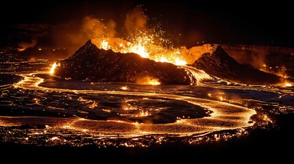 Spectacular Nighttime Volcanic Eruption: Fiery Lava Flow Illuminates Dark Desolate Landscape