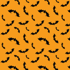 Halloween seamless bats pattern. Black bat on orange background. Wrapping paper, textile prints, wallpapers. Vector illustration.