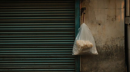Bagged noodles hang on a wall with corrugated shutter in the background. Interesting composition and color palette. Everyday urban life.