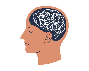 Illustration of human head profile with brain in abstract hand-drawn style, symbolizing intelligence, mental health, psychology, and neuroscience concepts. Vector illustration.