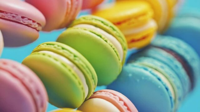Macarons in rainbow colors arranged in a row against a blue backdrop.