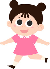 Smiling Running Girl Illustration. Cute Updo Hairstyle with Twin Ponytails, Wearing a Dress, Kids Vector Illustration.