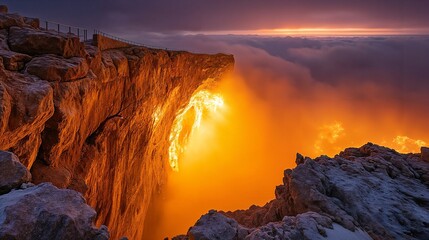 Majestic Cliffside Landscape Bathed in Glowing Sunset with Ethereal Mist and Dramatic Rocks