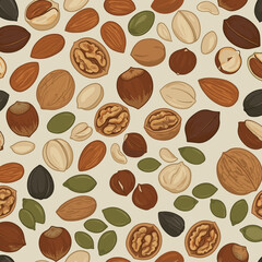 Obraz premium Vector pattern of assorted nuts and seeds, repeat design, muted natural colors