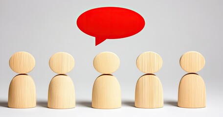 Five light-brown wooden figures, aligned, with a large red speech bubble above the center figure