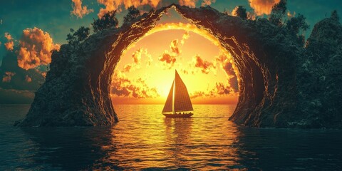 Fantasy realm where the sailboat sails into a molten sunset portal