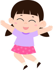 Smiling and Joyfully Jumping Girl Illustration. Pigtail Hairstyle, Polka Dot Skirt, Kids Vector Illustration.