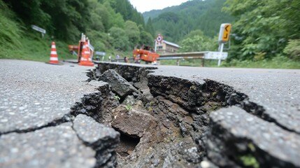 Severely Cracked Asphalt Road Amidst Lush Mountains and Roadwork Challenges