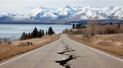 Cracked Asphalt Road Leading to a Serene Lake and Majestic Snow-Capped Mountains