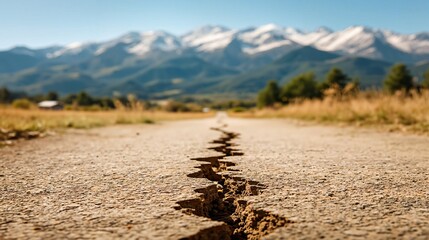 Cracked Asphalt Road Leading to Majestic Snow-Capped Mountains Under Warm Daylight
