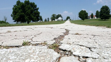 Cracked Rural Roadway Leading to Charming Farmhouses Under a Bright Blue Sky