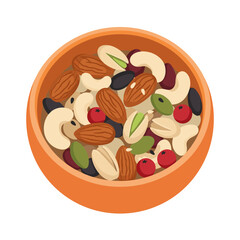 Bowl of mixed nuts and seeds, top view, healthy snack concept, flat vector illustration on white background