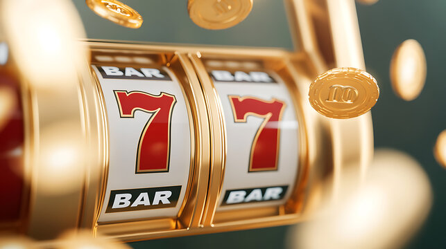 Winning combination on a golden slot machine with coins. Lucky sevens and bars alignment for jackpot. Gambling, games of chance and casino concept