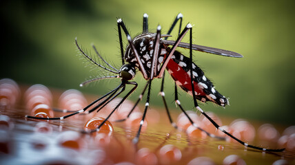 Fototapeta premium Aedes Mosquito on Eggs:Close-up view of an Aedes mosquito perched on a cluster of eggs. The mosquito's intricate markings and long legs are clearly visible against the blurred background.